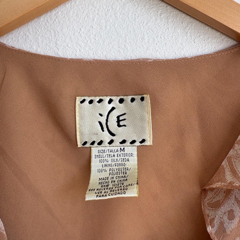 ICE Womens Silk Paisley Beaded Ruffle Tie Front Sleeveless Blouse Tan Cream M - Picture 5 of 5